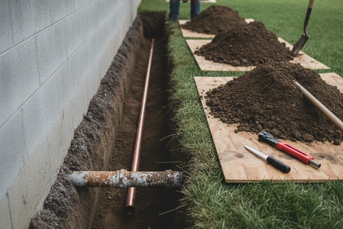 Excavated water line trench during Water Softener Installation in Opolis